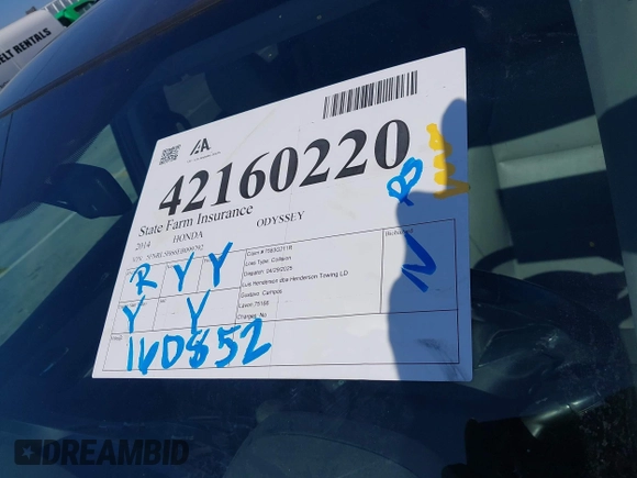 2014 Honda Odyssey EX-L with VIN 5FNRL5H66EB099792, listed as a IAAI auction lot 42160220 with 160,852 mi miles and . Bid and sale history available at carsss.com. Image 18.