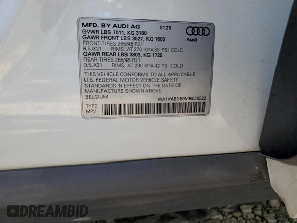 2021 Audi e-tron Prestige with VIN WA1VABGE9MB026522, listed as a Copart auction lot 68485673 with 23,448 mi miles and . Bid and sale history available at DreamBid. Image 13.