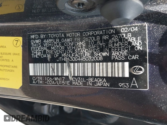 2004 Lexus ES 350 with VIN JTHBA30G445032008, listed as a IAAI auction lot 42425210 with 169,353 mi miles and . Bid and sale history available at DreamBid. Image 9.