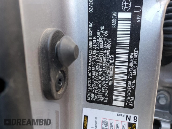 2020 Toyota C-HR LE with VIN NMTKHMBXXLR110234, listed as a Copart auction lot 76006684 with 89,367 mi miles and Salvage Title. Bid and sale history available at DreamBid. Image 12.