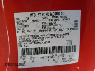 2009 Ford F-250 XL with VIN 1FTNF21579EA23768, listed as a Copart auction lot 89411995 with 75,149 mi miles and Clean Title. Bid and sale history available at DreamBid. Image 12.