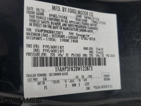 2011 Ford Focus SE with VIN 1FAHP3FN2BW123873, listed as a Copart auction lot 53184055 with 271,961 mi miles and Salvage Title. Bid and sale history available at carsss.com. Image 12.