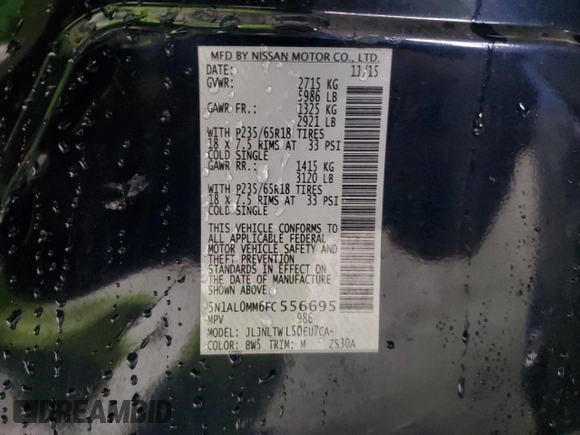 2015 Infiniti QX60 with VIN 5N1AL0MM6FC556695, listed as a Copart auction lot 56818345 with 139,502 mi miles and Salvage title. Bid and sale history available at DreamBid. Image 12.