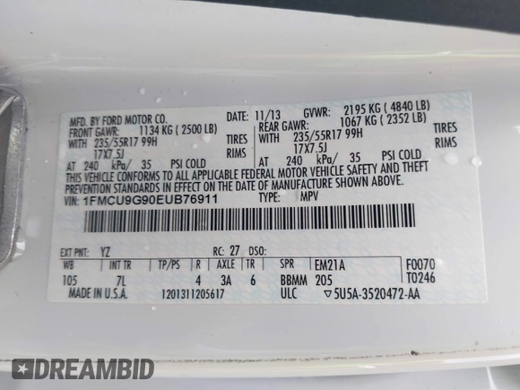 2014 Ford Escape SE with VIN 1FMCU9G90EUB76911, listed as a IAAI auction lot 42143518 with 123,466 mi miles and . Bid and sale history available at DreamBid. Image 9.