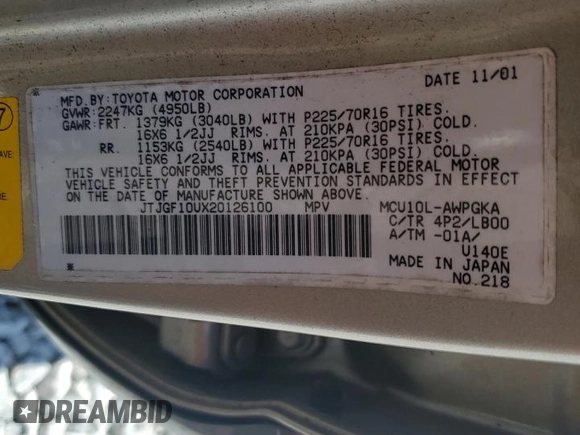 2002 Lexus RX 300 with VIN JTJGF10UX20126100, listed as a Copart auction lot 55652345 with 233,477 mi miles and Clean title. Bid and sale history available at DreamBid. Image 12.