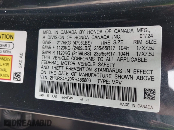 2024 Honda CR-V LX with VIN 2HKRS4H20RH456806, listed as a IAAI auction lot 41138150 with 2,724 mi miles and . Bid and sale history available at DreamBid. Image 9.
