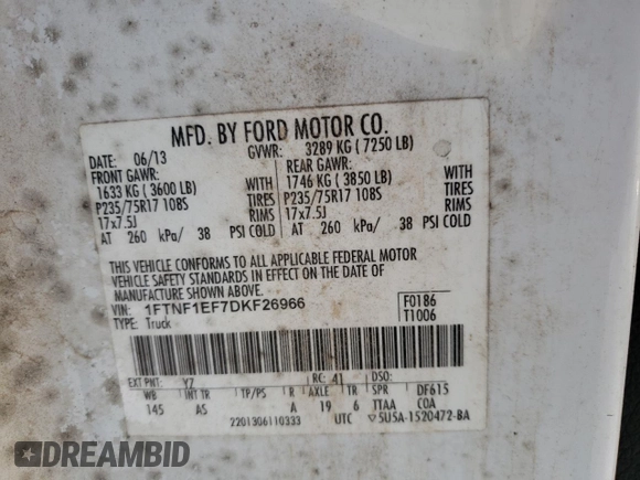 2013 Ford F-150 XL with VIN 1FTNF1EF7DKF26966, listed as a Copart auction lot 75799354 with 184,533 mi miles and Salvage title. Bid and sale history available at DreamBid. Image 12.