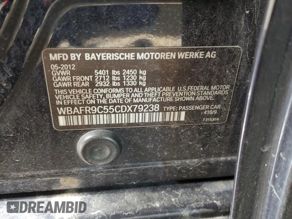 2012 BMW 5 Series 550i with VIN WBAFR9C55CDX79238, listed as a Copart auction lot 50351875 with 112,904 mi miles and Salvage Title. Bid and sale history available at carsss.com. Image 12.