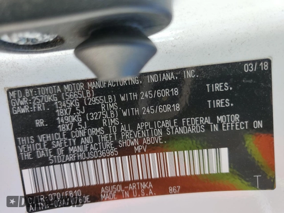 2018 Toyota Highlander LE z VIN 5TDZARFH0JS036985, wystawiony jako Copart lot #54472975 z przebiegiem 128 131 mil mil oraz Szkoda całkowita • Salvage title. Historia ofert i sprzedaży dostępna na DreamBid. Obrazek 13.