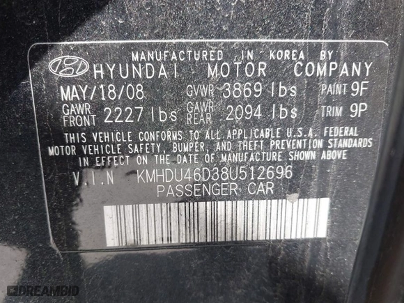 2008 Hyundai Elantra GLS with VIN KMHDU46D38U512696, listed as a IAAI auction lot 41951088 with 130,325 mi miles. Bid and sale history available at carsss.com. Image 9.