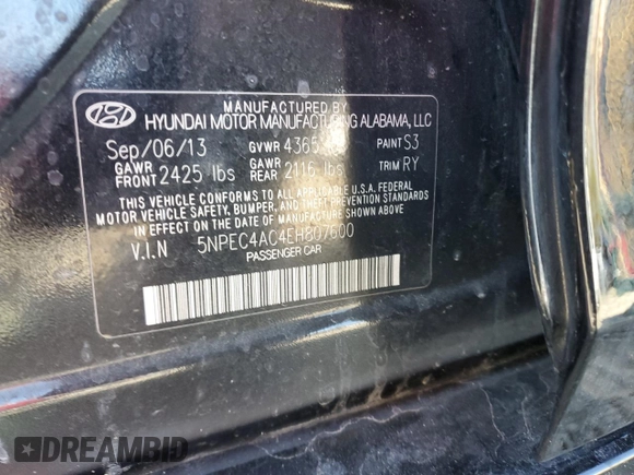 2014 Hyundai Sonata SE with VIN 5NPEC4AC4EH807600, listed as a Copart auction lot 43781065 with 91,030 mi miles and Salvage Title. Bid and sale history available at DreamBid. Image 12.