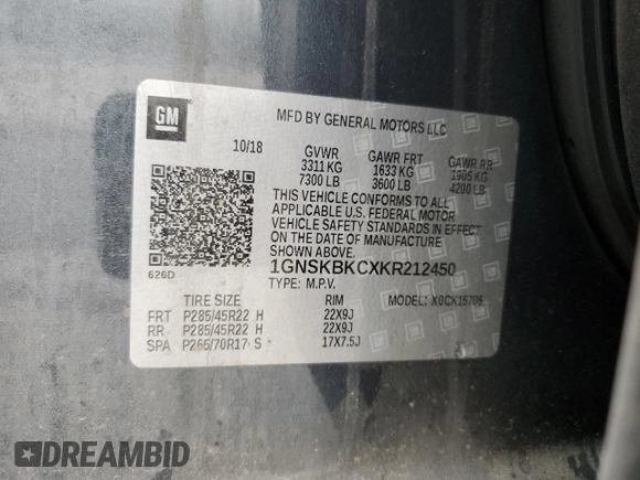 2019 Chevrolet Tahoe LT with VIN 1GNSKBKCXKR212450, listed as a Copart auction lot 54433205 with 119,907 mi miles and Salvage title. Bid and sale history available at DreamBid. Image 13.