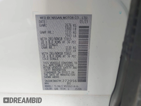 2023 Nissan Pathfinder SV z VIN 5N1DR3BD7PC272056, wystawiony jako IAAI lot #42184186 z przebiegiem 31 923 mil mil oraz . Historia ofert i sprzedaży dostępna na DreamBid. Obrazek 9.