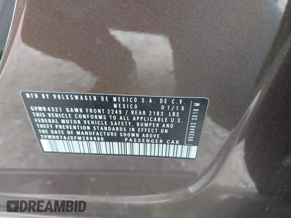 2015 Volkswagen Jetta SE with VIN 3VWD07AJXFM289988, listed as a IAAI auction lot 42322842 with 131,998 mi miles and . Bid and sale history available at DreamBid. Image 9.