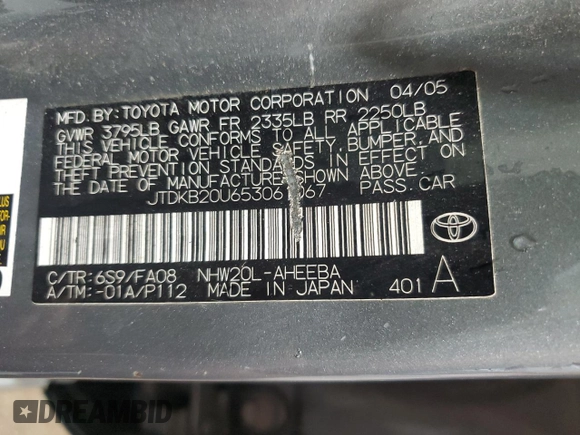 2005 Toyota Prius with VIN JTDKB20U653061067, listed as a Copart auction lot 54120935 with 180,702 mi miles and Salvage Title. Bid and sale history available at carsss.com. Image 12.