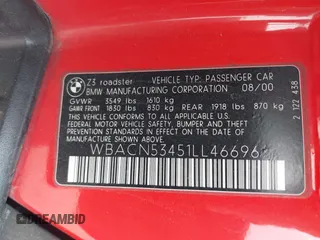 2001 BMW Z3 3.0 z VIN WBACN53451LL46696, wystawiony jako IAAI lot #42171101 z przebiegiem 55 212 mil mil oraz . Historia ofert i sprzedaży dostępna na DreamBid. Obrazek 9.