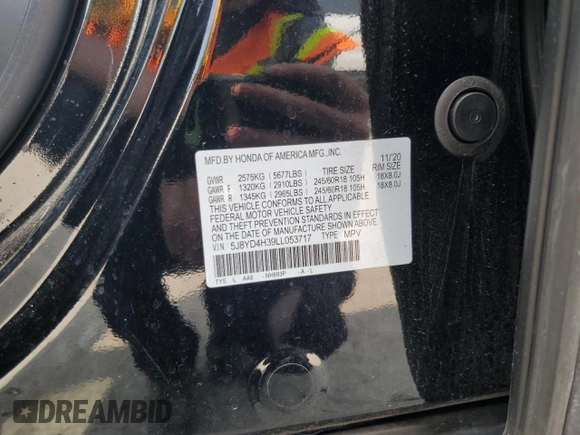 2020 Acura MDX with VIN 5J8YD4H39LL053717, listed as a Copart auction lot 59047285 with Not provided miles and Salvage title. Bid and sale history available at DreamBid. Image 13.