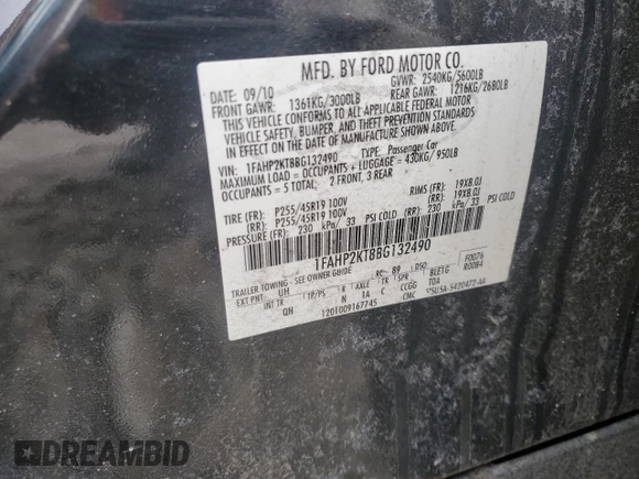 2011 Ford Taurus SHO with VIN 1FAHP2KT8BG132490, listed as a Copart auction lot 47021585 with 197,374 mi miles and Clean Title. Bid and sale history available at DreamBid. Image 13.