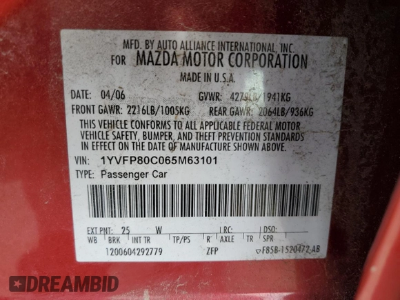 2006 Mazda 6 i with VIN 1YVFP80C065M63101, listed as a Copart auction lot 48554305 with 124,510 mi miles and Salvage Title. Bid and sale history available at carsss.com. Image 12.