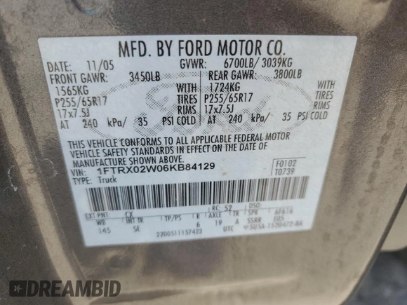 2006 Ford F-150 STX with VIN 1FTRX02W06KB84129, listed as a Copart auction lot 60349115 with 132,768 mi miles and Salvage title. Bid and sale history available at DreamBid. Image 12.