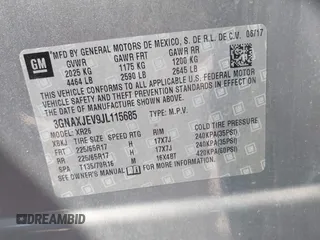 2018 Chevrolet Equinox LT z VIN 3GNAXJEV9JL115685, wystawiony jako IAAI lot #40373717 z przebiegiem 95 103 mil mil oraz . Historia ofert i sprzedaży dostępna na DreamBid. Obrazek 9.