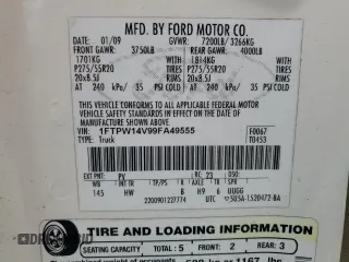 2009 Ford F-150 XL z VIN 1FTPW14V99FA49555, wystawiony jako Copart lot #57954025 z przebiegiem 246 552 mil mil oraz Szkoda całkowita • Salvage title. Historia ofert i sprzedaży dostępna na DreamBid. Obrazek 12.