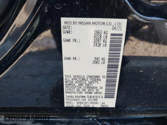 2021 Nissan Altima SV with VIN 1N4BL4DV0MN384955, listed as a IAAI auction lot 42353612 with 78,685 mi miles and . Bid and sale history available at DreamBid. Image 9.
