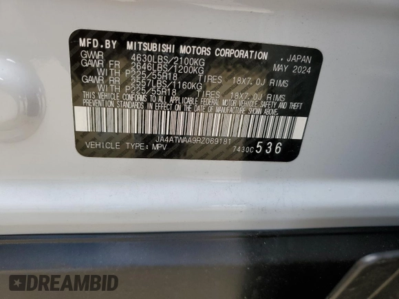 2024 Mitsubishi Eclipse Cross SE с VIN JA4ATWAA9RZ069181, выставлен на аукционе Copart как лот 52674925 с пробегом 7 522 миль миль и Списание • Salvage title. История ставок и продаж доступна на DreamBid. Изображение 14.