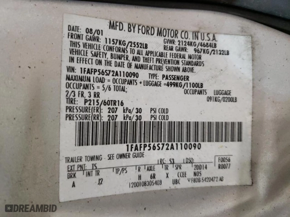 2002 Ford Taurus SEL with VIN 1FAFP56S72A110090, listed as a Copart auction lot 68754752 with 166,011 mi miles and Non Repairable. Bid and sale history available at carsss.com. Image 10.
