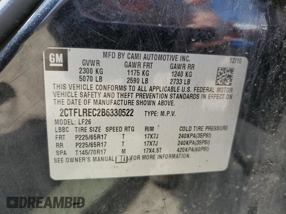 2011 GMC Terrain SLE-1 with VIN 2CTFLREC2B6330522, listed as a Copart auction lot 55458965 with 129,164 mi miles and Salvage title. Bid and sale history available at DreamBid. Image 13.