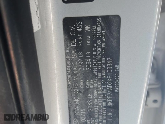 2019 Kia Forte LXS with VIN 3KPF24AD2KE109342, listed as a Copart auction lot 45152255 with 96,623 mi miles and Clean title. Bid and sale history available at DreamBid. Image 12.