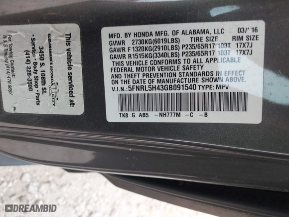 2016 Honda Odyssey EX with VIN 5FNRL5H43GB091540, listed as a IAAI auction lot 41972835 with 84,177 mi miles. Bid and sale history available at carsss.com. Image 9.