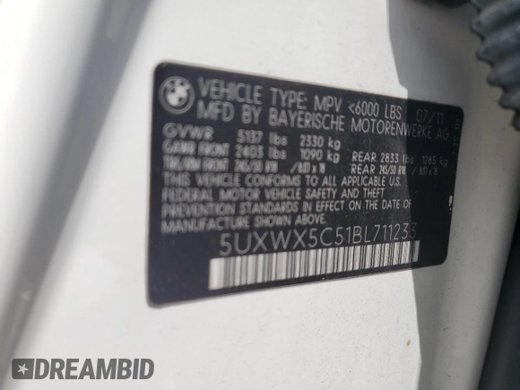 2011 BMW X3 28i with VIN 5UXWX5C51BL711233, listed as a Copart auction lot 51435145 with 135,876 mi miles and Salvage Title. Bid and sale history available at carsss.com. Image 13.