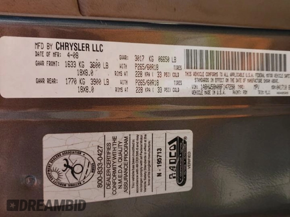 2008 Chrysler Aspen Limited z VIN 1A8HW58N08F147290, wystawiony jako Copart lot #48022685 z przebiegiem 90 498 mil mil oraz Szkoda całkowita • Salvage title. Historia ofert i sprzedaży dostępna na DreamBid. Obrazek 16.