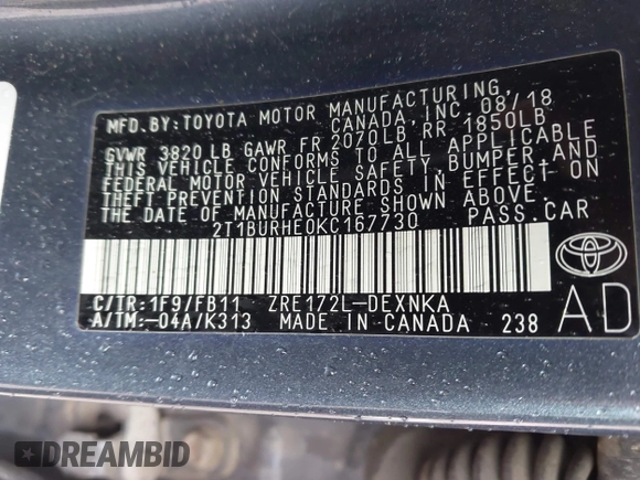2019 Toyota Corolla L z VIN 2T1BURHE0KC167730, wystawiony jako IAAI lot #42335994 z przebiegiem 89 251 mil mil oraz . Historia ofert i sprzedaży dostępna na DreamBid. Obrazek 9.