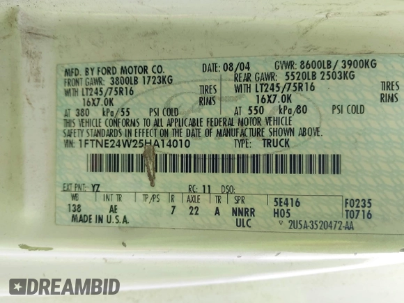 2005 Ford Econoline Cargo with VIN 1FTNE24W25HA14010, listed as a IAAI auction lot 41947382 with Not provided miles and . Bid and sale history available at DreamBid. Image 9.