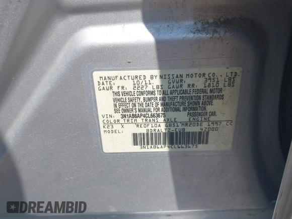 2012 Nissan Sentra SR with VIN 3N1AB6AP4CL663675, listed as a IAAI auction lot 42593738 with 203,150 mi miles and . Bid and sale history available at DreamBid. Image 9.