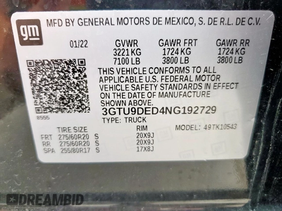 2022 GMC Sierra 1500 SLT with VIN 3GTU9DED4NG192729, listed as a Copart auction lot 54863965 with 1,908 mi miles and Clean Title. Bid and sale history available at DreamBid. Image 12.