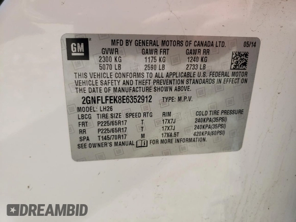 2014 Chevrolet Equinox LT with VIN 2GNFLFEK8E6352912, listed as a Copart auction lot 53018175 with 168,142 mi miles and Salvage Title. Bid and sale history available at DreamBid. Image 14.