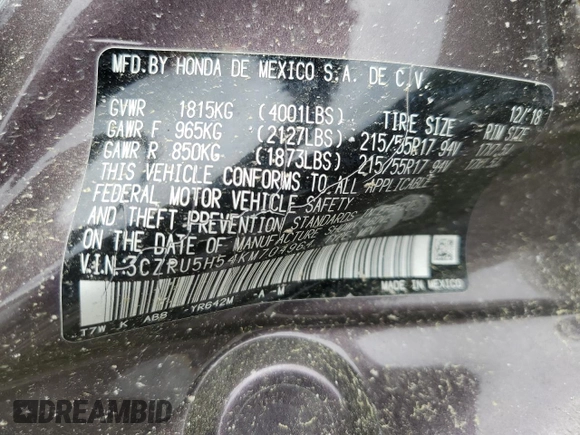 2019 Honda HR-V EX with VIN 3CZRU5H54KM704964, listed as a Copart auction lot 54319735 with 95,894 mi miles and Clean Title. Bid and sale history available at carsss.com. Image 13.