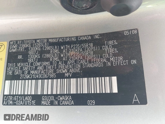 2009 Lexus RX 350 with VIN 2T2GK31U49C067985, listed as a IAAI auction lot 42097998 with 233,480 mi miles and . Bid and sale history available at DreamBid. Image 9.