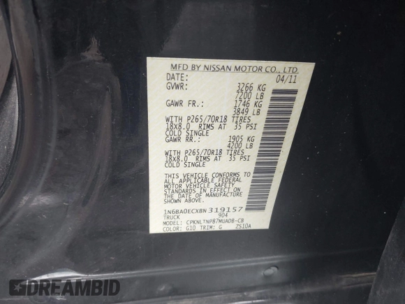 2011 Nissan Titan Pro-4X with VIN 1N6BA0ECXBN319157, listed as a IAAI auction lot 42456725 with 169,434 mi miles and . Bid and sale history available at DreamBid. Image 9.