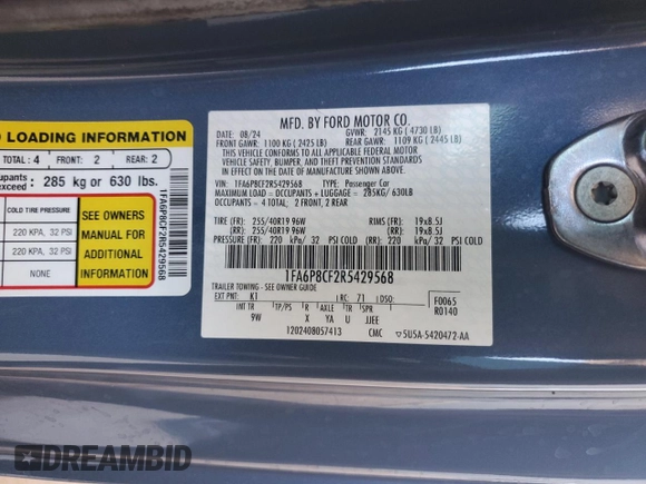 2024 Ford Mustang GT with VIN 1FA6P8CF2R5429568, listed as a Copart auction lot 53749355 with Not provided miles and Salvage title. Bid and sale history available at DreamBid. Image 12.