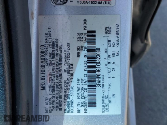 2012 Ford Fusion SE with VIN 3FAHP0HG1CR323080, listed as a Copart auction lot 53715485 with 109,179 mi miles and Salvage title. Bid and sale history available at DreamBid. Image 13.