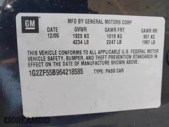 2006 Pontiac G6 with VIN 1G2ZF55B964218585, listed as a IAAI auction lot 41883488 with Not provided miles and . Bid and sale history available at DreamBid. Image 9.