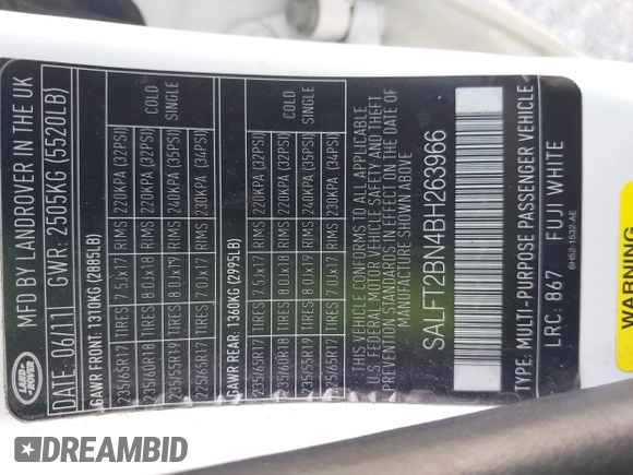 2011 Land Rover LR2 HSE with VIN SALFT2BN4BH263966, listed as a IAAI auction lot 42038664 with 130,305 mi miles and . Bid and sale history available at DreamBid. Image 9.