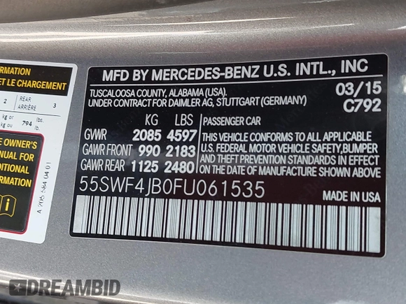 2015 Mercedes-Benz C 300 with VIN 55SWF4JB0FU061535, listed as a IAAI auction lot 42064350 with 103,051 mi miles and . Bid and sale history available at carsss.com. Image 9.