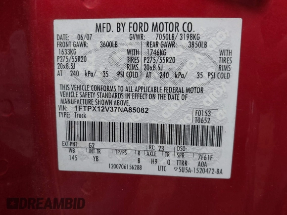 2007 Ford F-150 XL z VIN 1FTPX12V37NA85082, wystawiony jako IAAI lot #42354278 z przebiegiem 224 236 mil mil oraz . Historia ofert i sprzedaży dostępna na DreamBid. Obrazek 9.