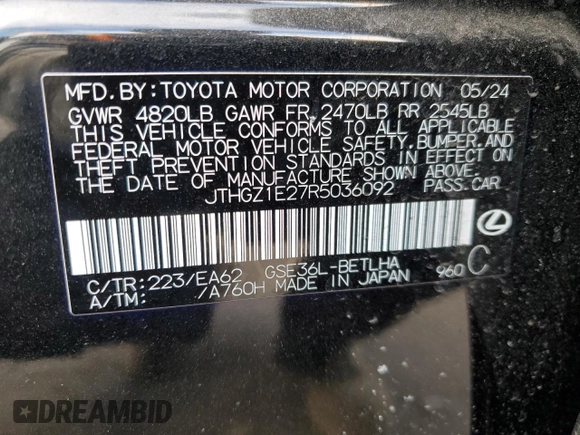 2024 Lexus IS 350 F Sport with VIN JTHGZ1E27R5036092, listed as a Copart auction lot 88706965 with 5,697 mi miles and Salvage title. Bid and sale history available at DreamBid. Image 12.