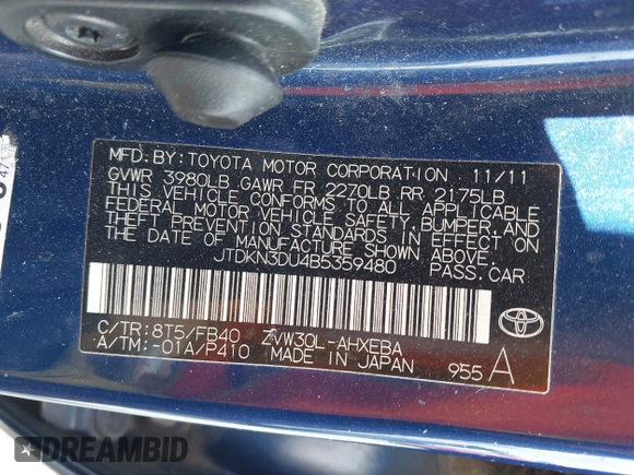 2011 Toyota Prius I with VIN JTDKN3DU4B5359480, listed as a IAAI auction lot 42161379 with 353,592 mi miles. Bid and sale history available at carsss.com. Image 9.